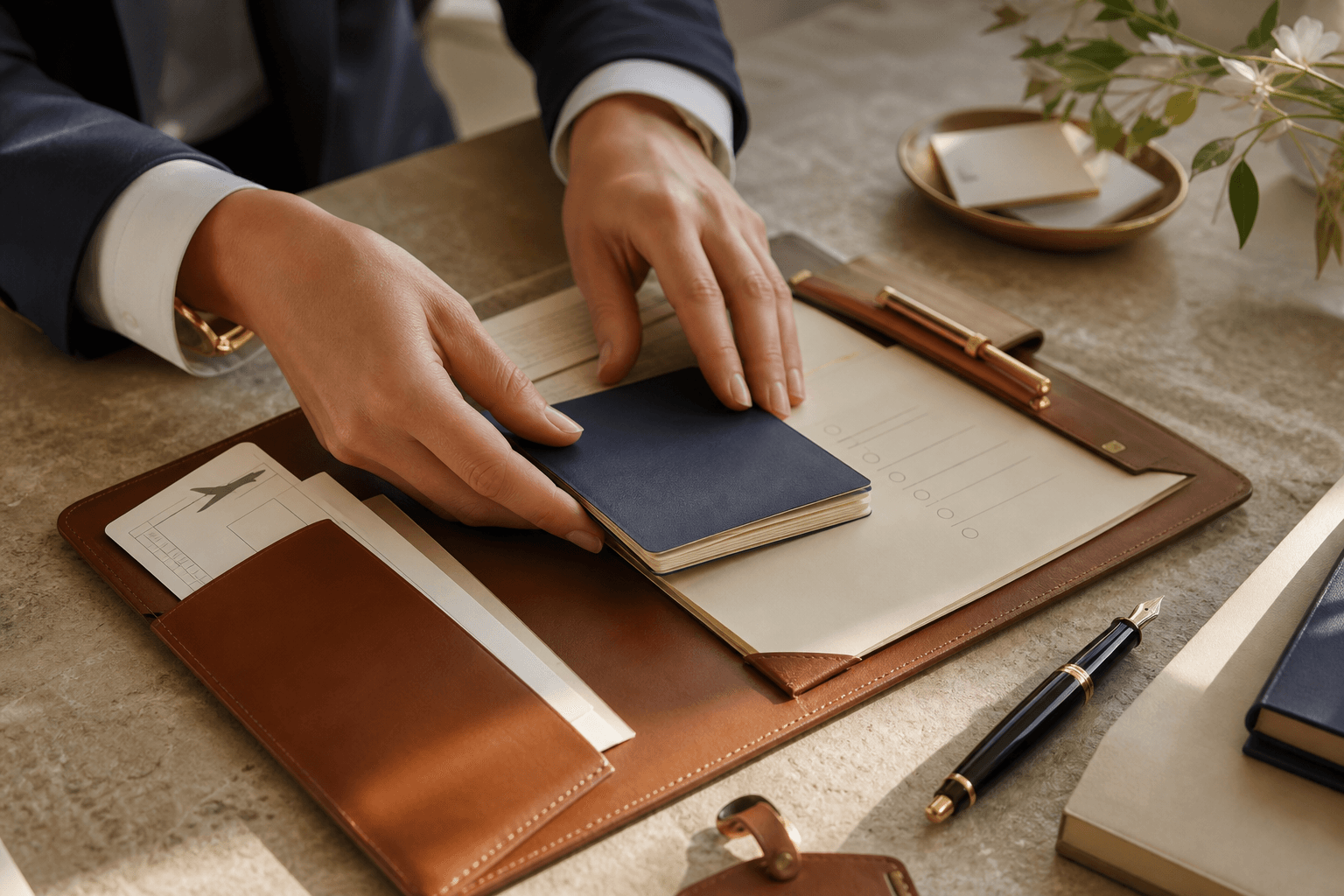 Travel concierge organizing passport and journey documents