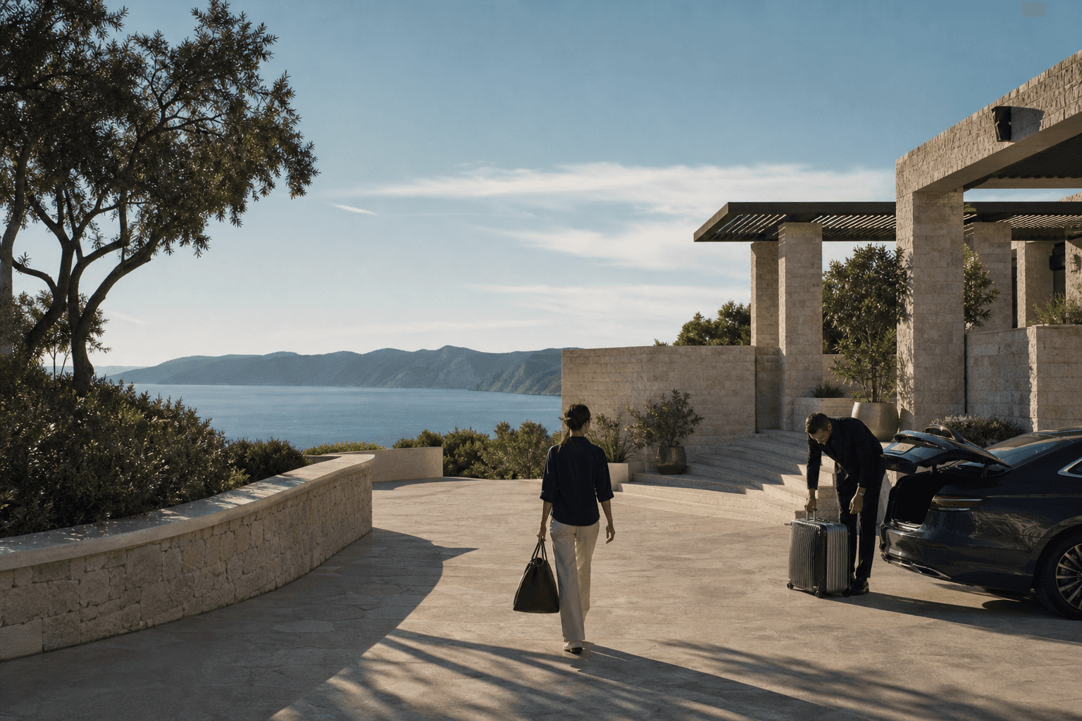 Traveler arriving at a refined coastal hotel with a private transfer