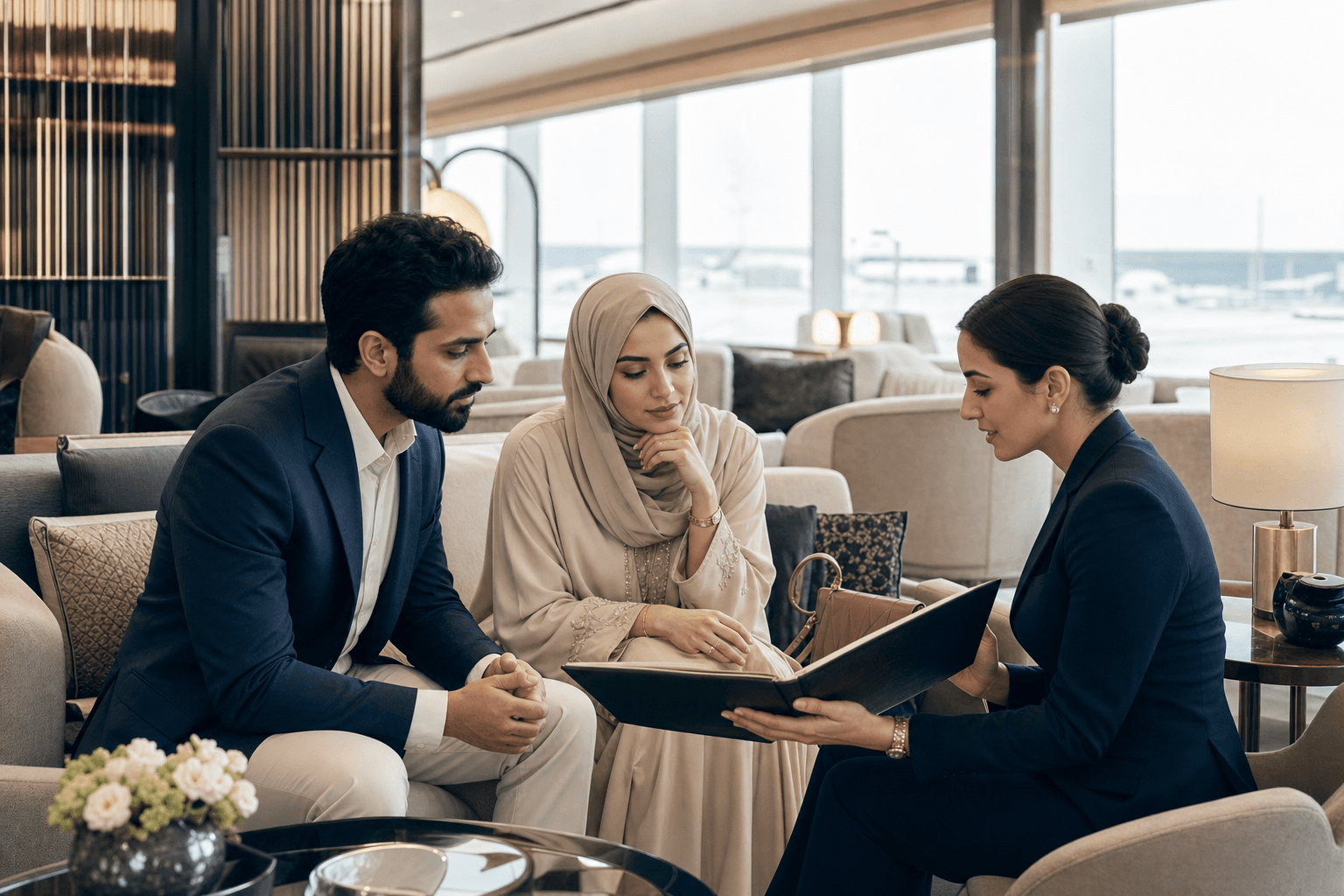 Travel concierge personally assisting a couple in an airport lounge